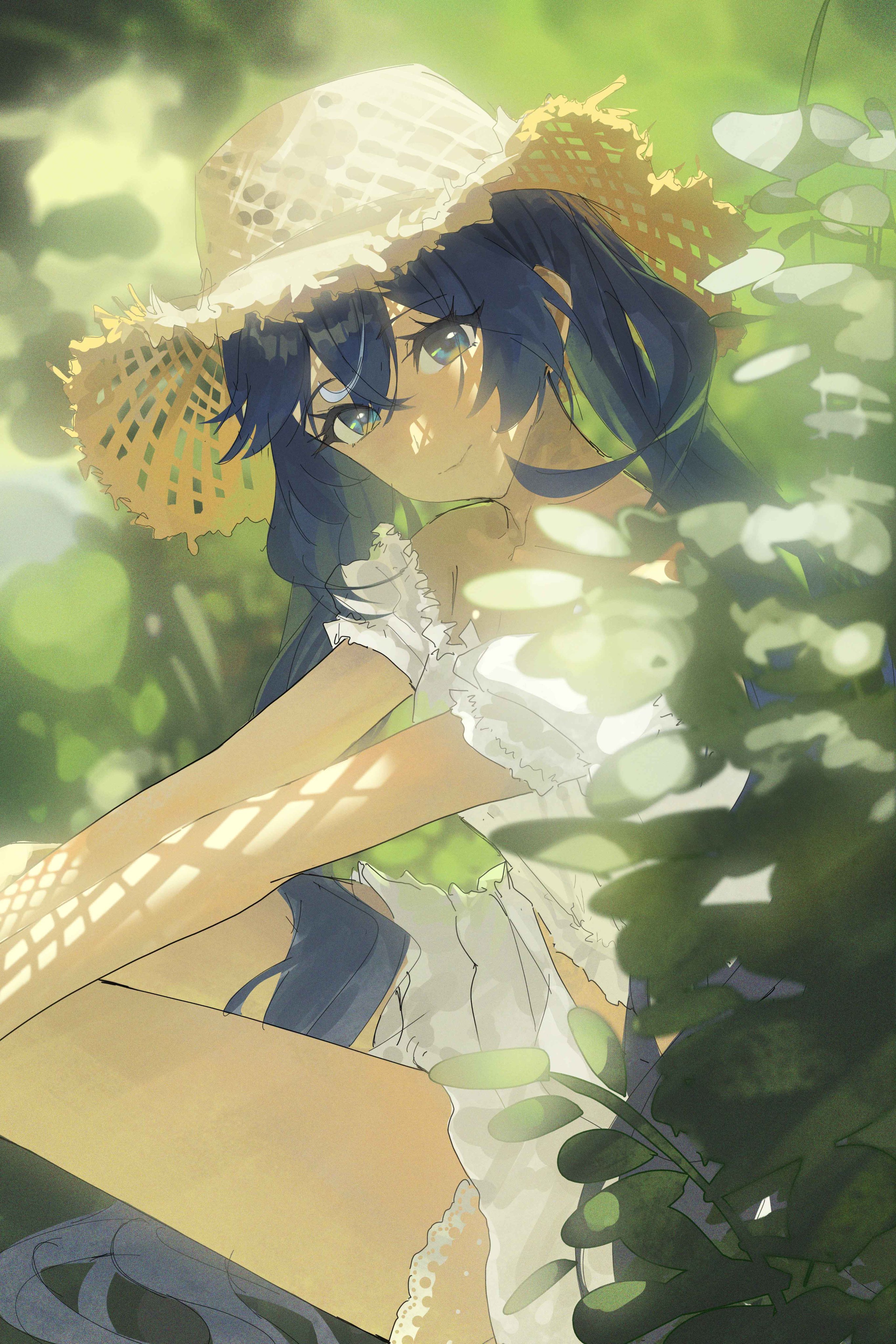 neid art, iuno (wuthering waves), wuthering waves, absurdres, commentary, english commentary, highres, revision, 1girl, alternate costume, bare shoulders, blue eyes, blue hair, blurry, blurry background, breasts, closed mouth, dress, from side, hair between eyes, hat, head tilt, long hair, looking at viewer, looking to the side, medium breasts, off-shoulder dress, off shoulder, sitting, solo, straw hat, thighs, twintails, white dress
