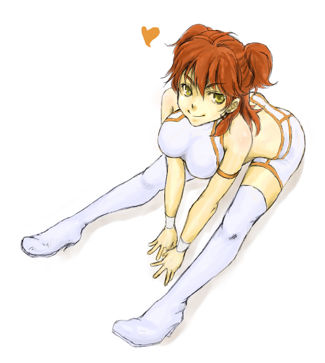 bsk, nena trinity, gundam, gundam 00, 00s, freckles, heart, high heels, leaning forward, midriff, red hair, shorts, smile, solo, thighhighs, yellow eyes