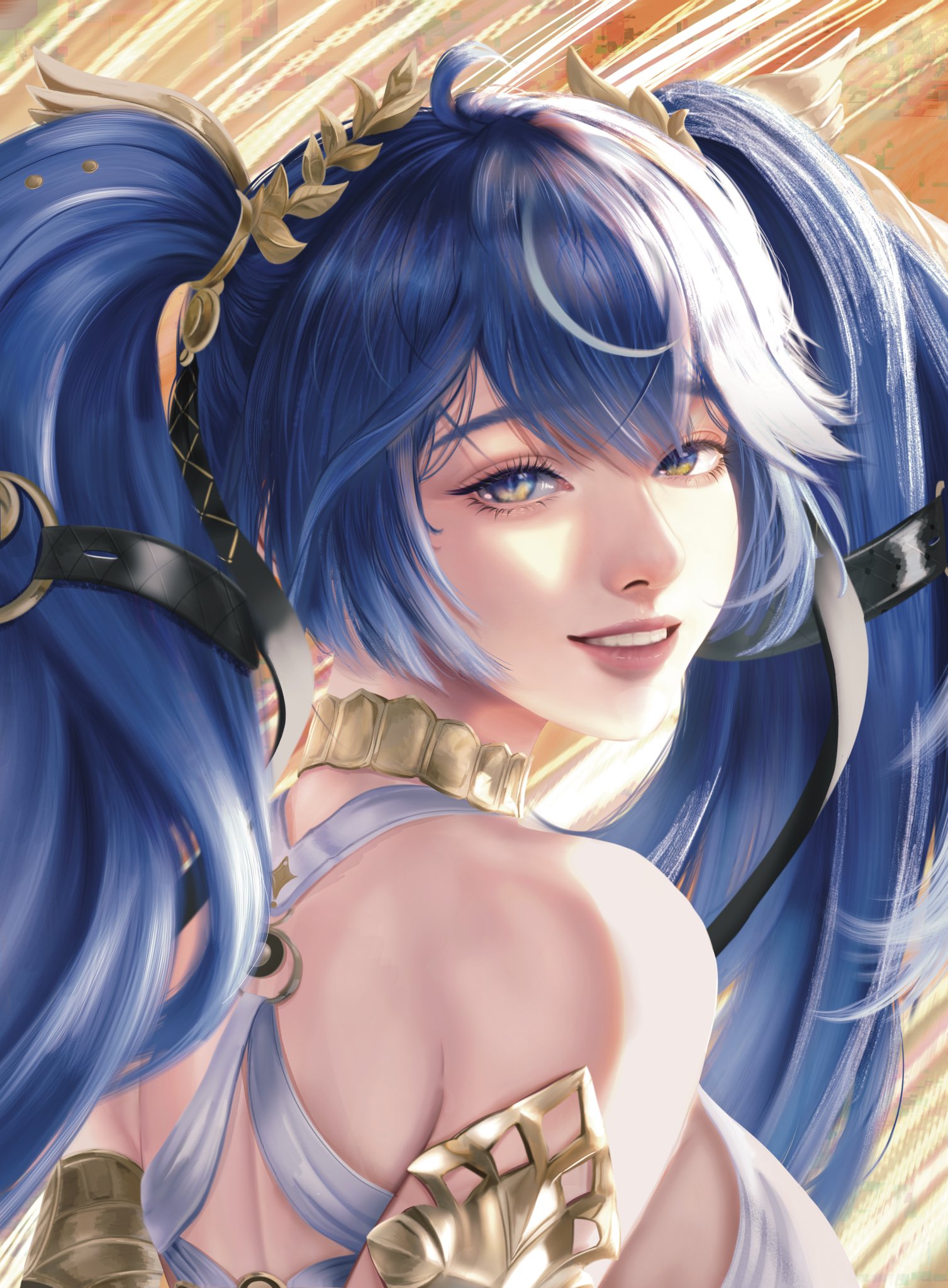 iuno (wuthering waves), wuthering waves, commentary, highres, 1girl, bare shoulders, blue hair, breasts, chromatic aberration, from side, glitch, head wreath, long hair, looking at viewer, looking to the side, medium breasts, multicolored hair, openthedoe1024, parted lips, realistic, smile, solo, streaked hair, twintails, upper body