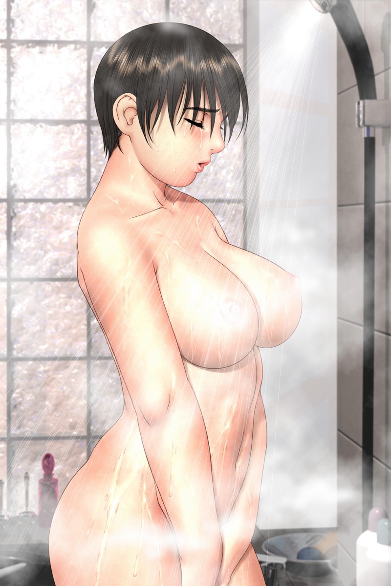 tsukasa jun, katsuragi ayumi, sister mermaid, game cg, highres, 1girl, 3d, bathroom, black hair, blush, bottle, bowl, breasts, censored, closed eyes, convenient censoring, curvy, female focus, female masturbation, from side, glass, indoors, large breasts, lipstick, makeup, masturbation, navel, nipples, nude, open mouth, profile, short hair, shower head, showering, solo, standing, steam, steam censor, washbowl, water, wet