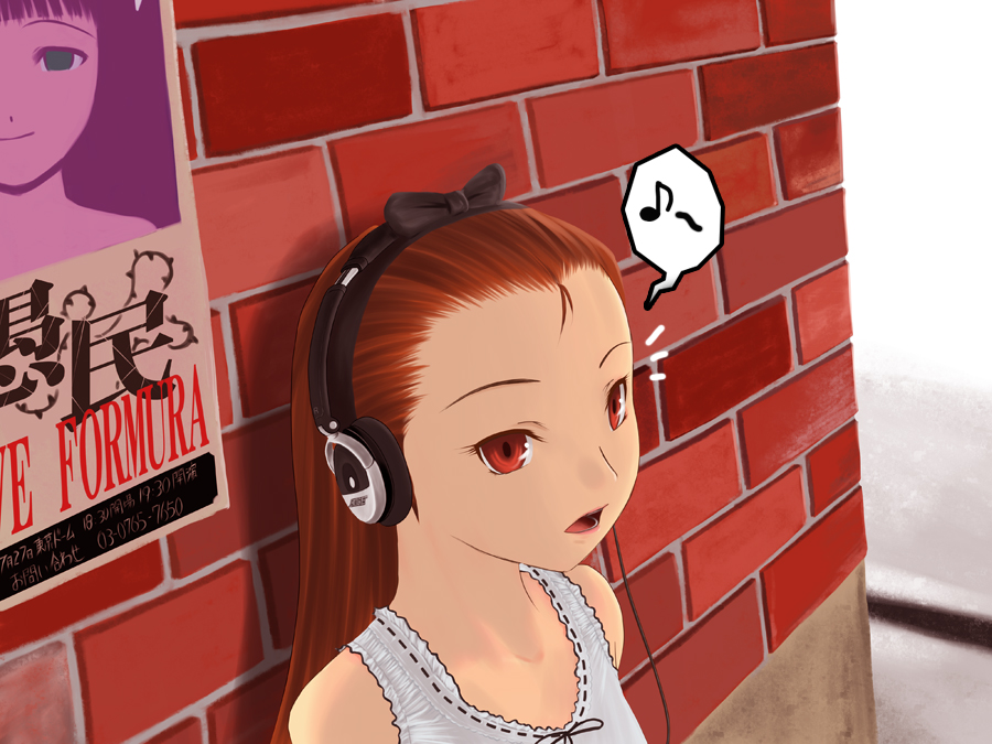 araragi yuuichi, minase iori, idolmaster, idolmaster (classic), idolmaster 1, bad id, bad pixiv id, 00s, 1girl, bow, brick wall, female focus, hair bow, hairband, headphones, long hair, poster (medium), poster (object), red eyes, red hair, solo