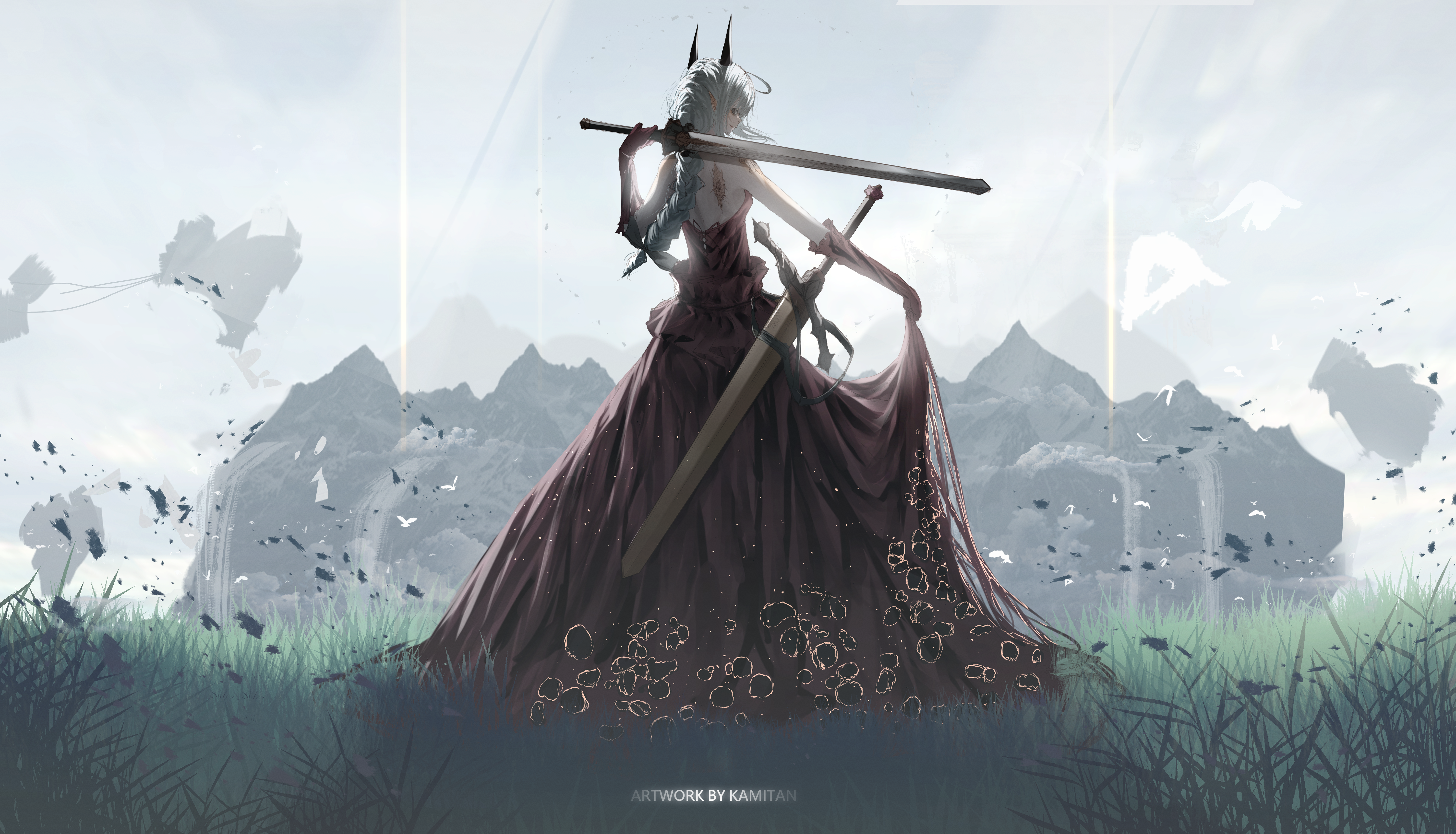 prezonya46, original, absurdres, commentary, english commentary, highres, 1girl, artist name, black gloves, black horns, braid, closed mouth, day, dress, elbow gloves, floating island, from behind, gloves, grass, grey hair, hand up, holding, holding sword, holding weapon, horns, long dress, long hair, looking at viewer, looking back, mountain, outdoors, overcast, re:extinction, scar, scar on back, scenery, sheath, simple bird, single braid, sky, smile, solo, strapless, strapless dress, sword, torn clothes, torn dress, water, waterfall, weapon