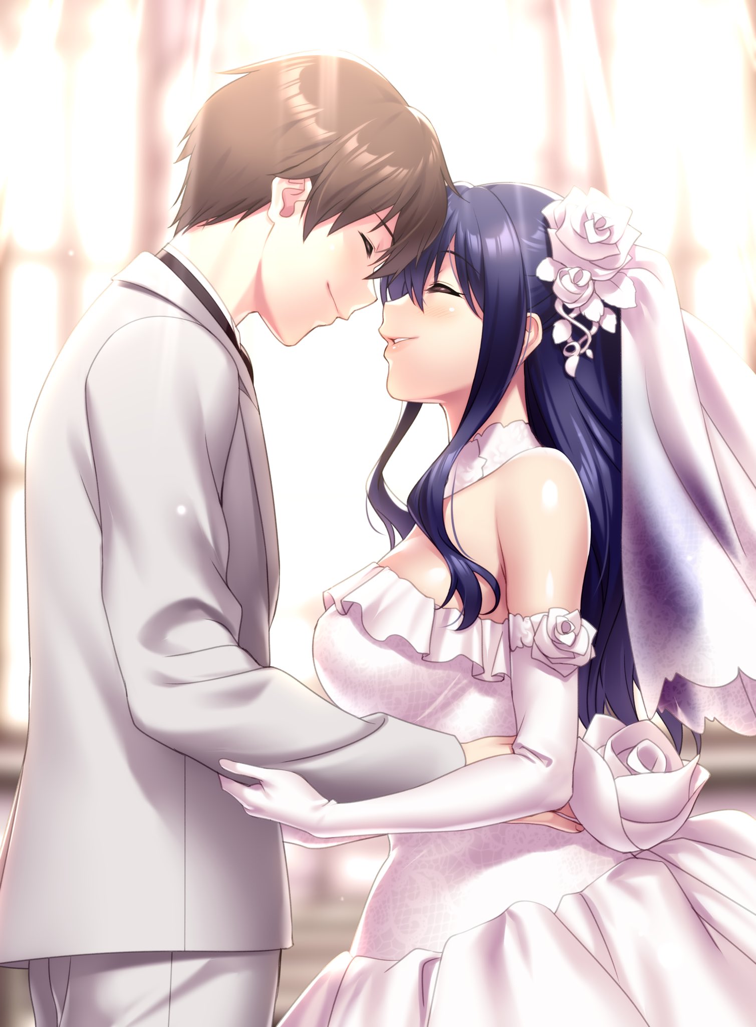 zen (kamuro), izanami kyouko, narukami youta, kamisama ni natta hi, commentary request, commission, highres, second-party source, skeb commission, 1boy, 1girl, ^ ^, bare shoulders, black hair, blurry, blurry background, blush, breasts, bridal veil, bride, brown hair, closed eyes, closed mouth, couple, curtains, detached collar, dress, dress flower, facing another, flower, formal clothes, frilled dress, frills, from side, gloves, grey pants, grey suit, groom, hair between eyes, hair flower, hair ornament, half updo, happy, hetero, hug, indoors, large breasts, lips, long hair, long sleeves, pants, parted lips, profile, rose, shiny skin, short hair, sidelocks, smile, strapless, strapless dress, suit, veil, wedding, wedding dress, white dress, white flower, white gloves, white rose