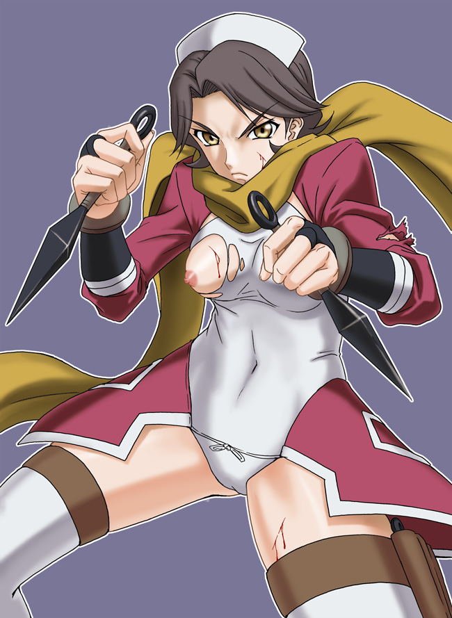 misnon the great, shinozaki sayoko, code geass, 00s, 1girl, blood, breasts, brown eyes, brown hair, female focus, kunai, large breasts, scarf, short hair, solo, thighhighs, torn clothes, weapon