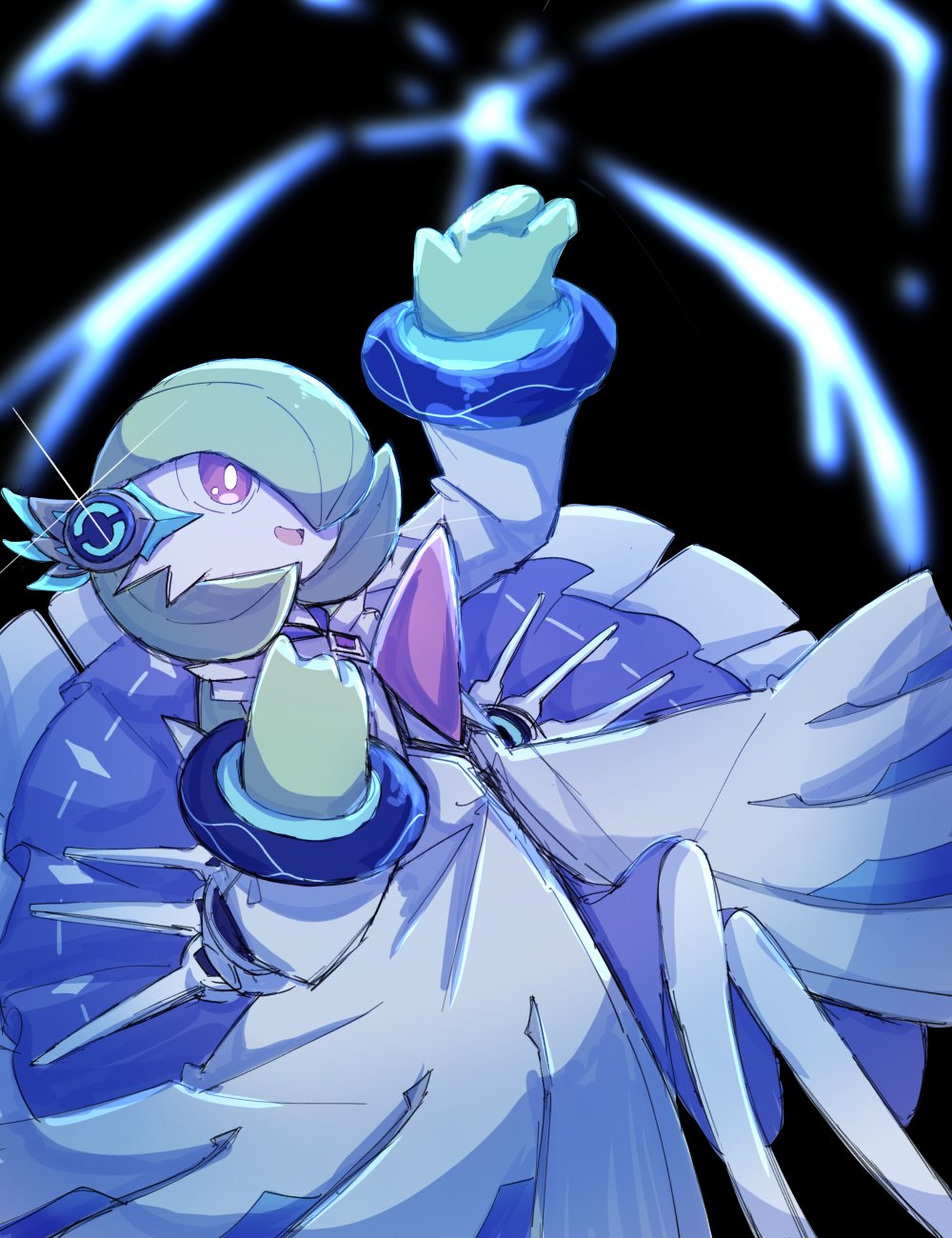 gardevoir, gardevoir (songstress), nintendo, pokemon, pokemon unite, highres, ayaka 488, black background, bob cut, clothed pokemon, colored skin, dress, gen 3 pokemon, green hair, green skin, hair over one eye, multicolored skin, open mouth, pink eyes, pokemon (creature), smile, two-tone skin, white dress, white skin