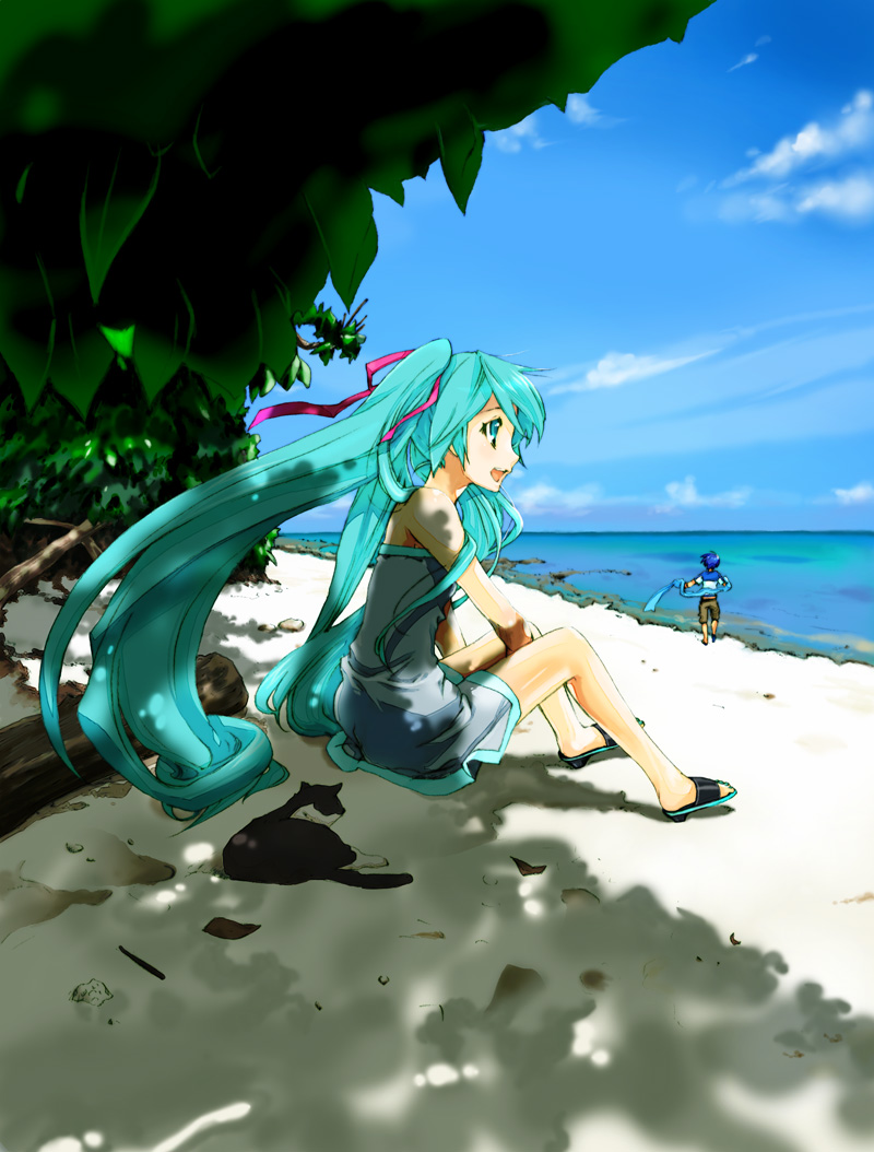 kurafuji sachi, hatsune miku, kaito (vocaloid), vocaloid, bad id, bad pixiv id, 1boy, 1girl, beach, blue hair, day, green hair, long hair, ocean, ribbon, short hair, twintails