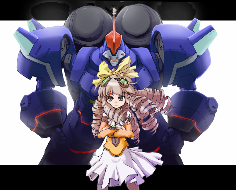 sasamashin, maria balthasar, seibzehn, xenogears, 1girl, bow, crossed arms, drill hair, goggles, goggles on head, green eyes, grey hair, hair bow, long hair, mecha, robot, skirt