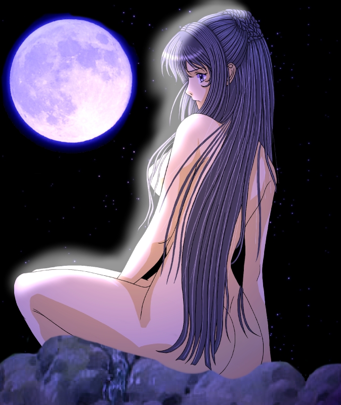 taka913, taka (pixiv), marina ismail, gundam, gundam 00, 00s, 1girl, ass, black hair, blue eyes, breasts, female focus, long hair, moon, nude, outdoors, sky, solo