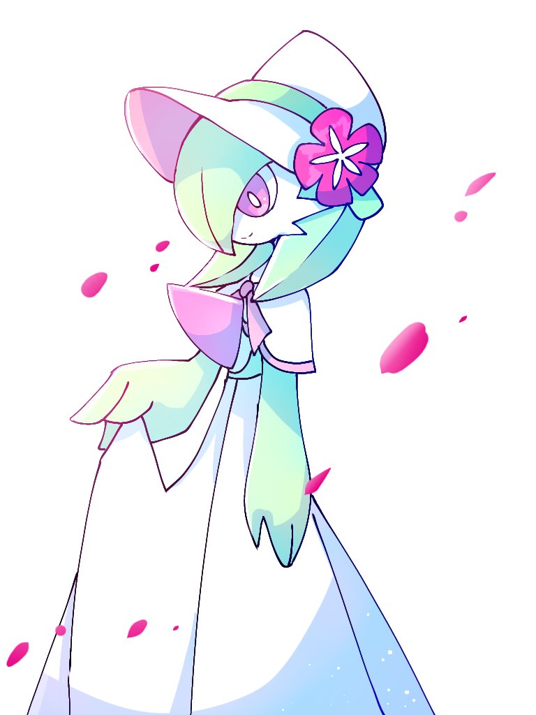 gardevoir, gardevoir (fashionable), nintendo, pokemon, pokemon unite, ayaka 488, bonnet, colored skin, dress, falling petals, flower, gen 3 pokemon, green skin, hat, hat flower, multicolored skin, petals, pink eyes, pink flower, pink petals, pokemon (creature), smile, two-tone skin, white dress, white hat, white skin