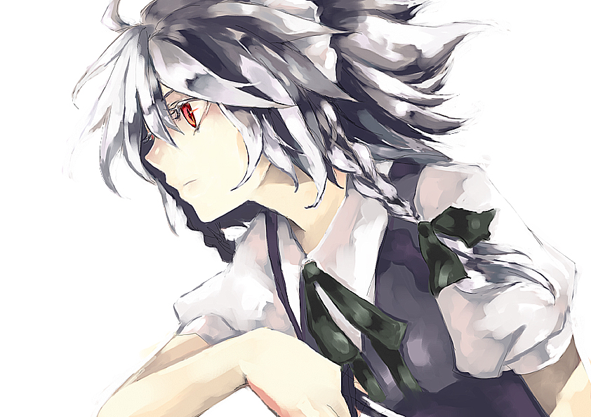 fori, izayoi sakuya, touhou, silver hair, bad id, bad pixiv id, 1girl, braid, female focus, hair ribbon, maid, red eyes, ribbon, short hair, solo, upper body, white background