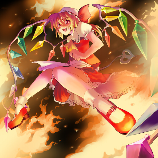 myaaco, flandre scarlet, touhou, 1girl, blonde hair, female focus, fire, full body, hat, mob cap, ponytail, ribbon, short hair, solo, wings