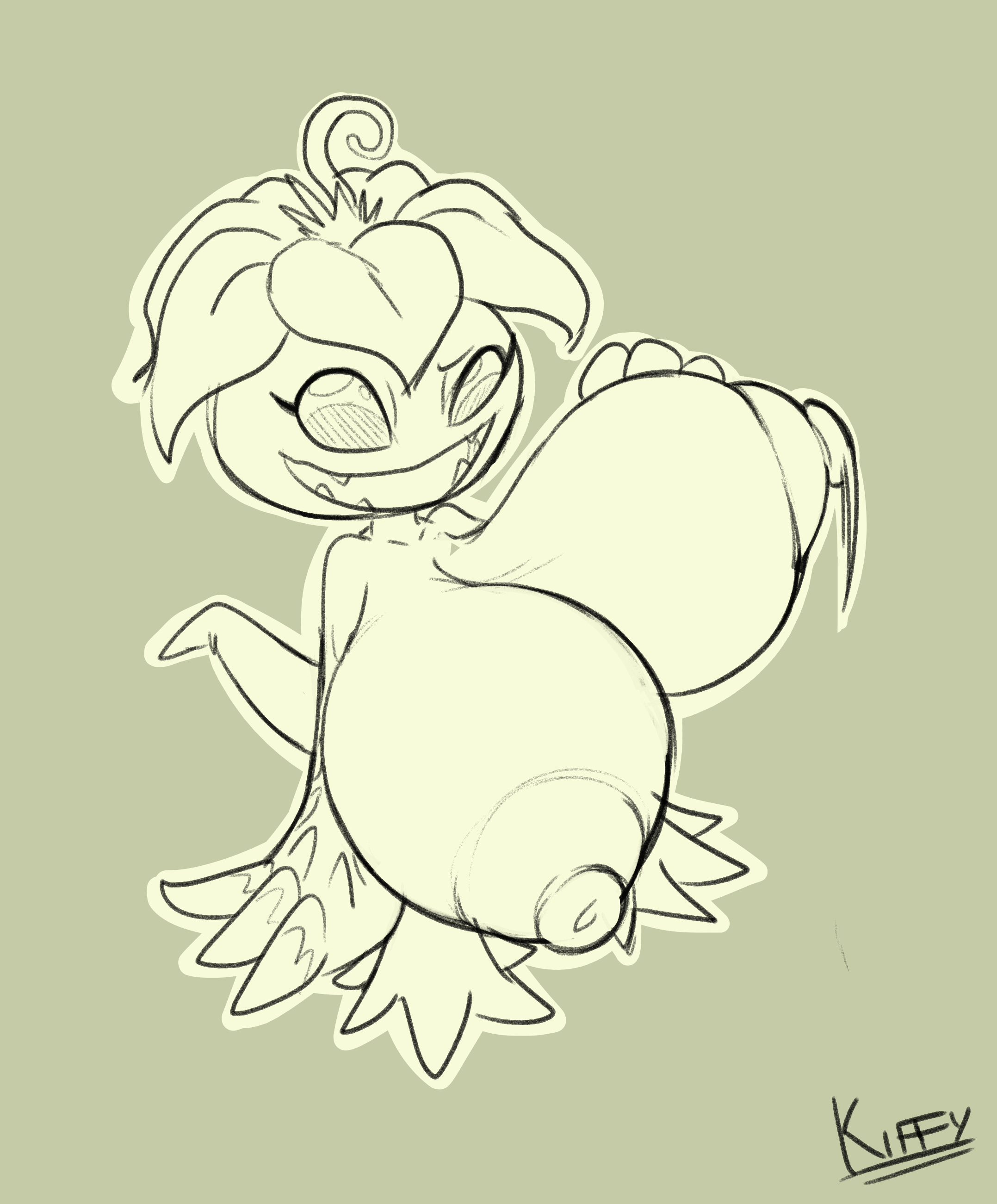 palmon, digimon, absurdres, highres, breasts, digimon (creature), flower, kiffy, looking at viewer, petals, sharp teeth, smile, tail, teeth