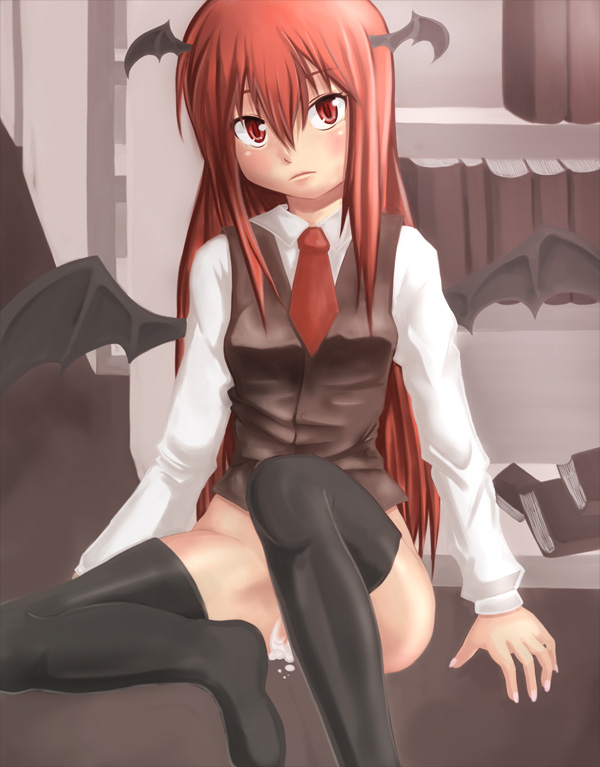 kurone, koakuma, embodiment of scarlet devil, touhou, 1girl, female focus, head wings, long hair, red hair, solo, thighhighs, wings