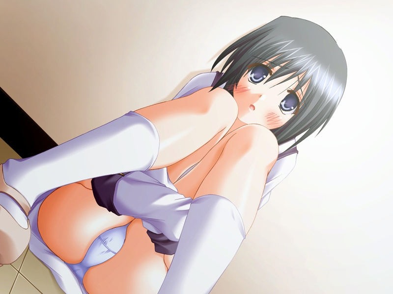 kago no tori, kawai ryou, h x h x h = hajimari wa h kara, game cg, source request, 1girl, black hair, blue eyes, blush, female focus, leg hold, panties, sitting, solo, underwear