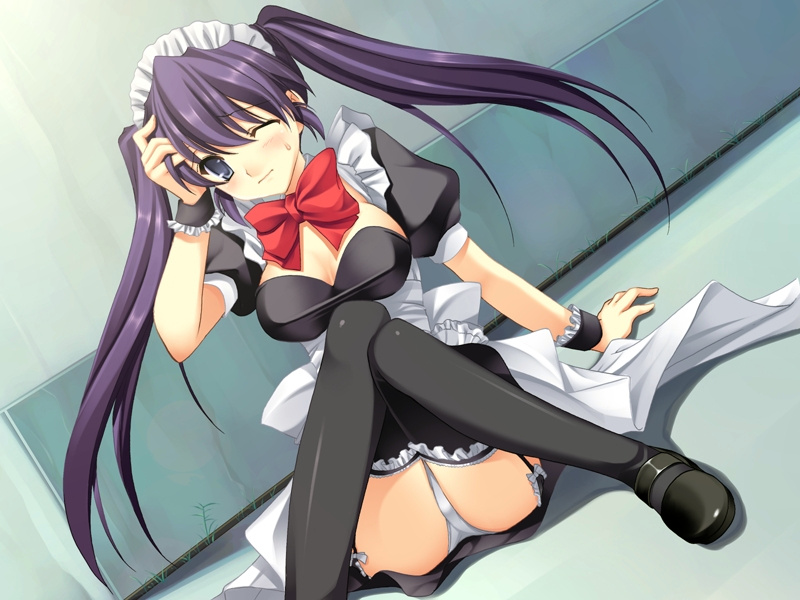 nanao naru, shirakawa tsumire, ar forgotten summer, game cg, 1girl, arm support, blue eyes, blush, breasts, fallen down, female focus, head grab, large breasts, maid, one eye closed, panties, pantyshot, purple hair, solo, thighhighs, twintails, underwear, wink