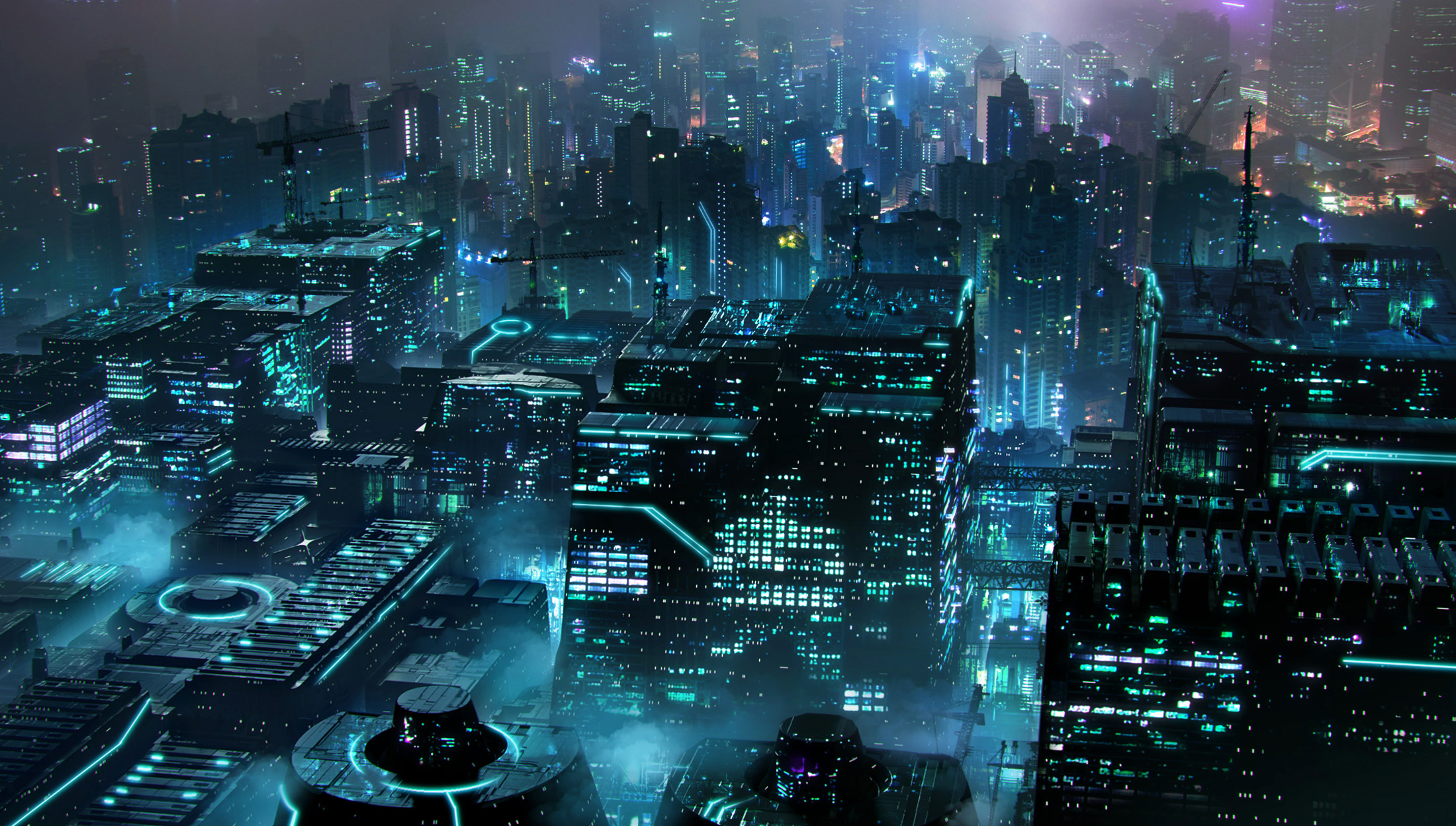 original, commentary request, highres, building, city, city lights, cityscape, crane (machine), fog, night, no humans, outdoors, rocha (rjrg4485), scenery, skyscraper