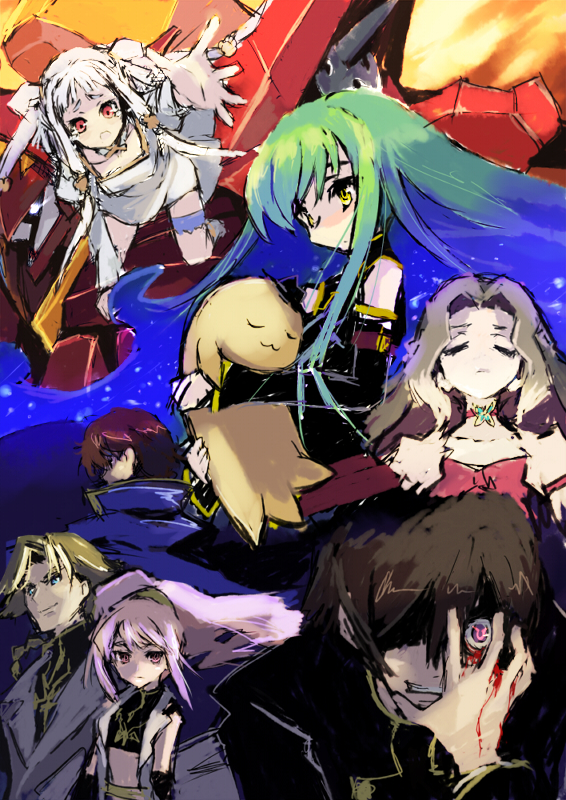 xexu, anya alstreim, c.c., cheese-kun, gino weinberg, kururugi suzaku, lelouch vi britannia, nunnally vi britannia, tianzi, code geass, pizza hut, 00s, 3boys, 4girls, bleeding, blonde hair, blood, brother and sister, brown hair, cape, clenched teeth, closed eyes, expressionless, floating hair, geass, green hair, hair over one eye, hand on own face, holding, long hair, looking at viewer, mecha, multiple boys, multiple girls, night, pink eyes, pink hair, reaching, robot, siblings, sky, star (sky), starry sky, tears, teeth, toy, very long hair, white hair, yellow eyes