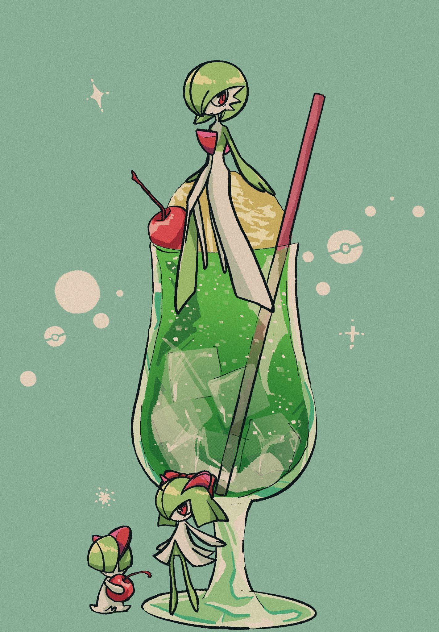 mikanbouzuuu, gardevoir, kirlia, ralts, nintendo, pokemon, highres, bob cut, bowl cut, colored skin, dress, drink, drinking straw, evolutionary line, gen 3 pokemon, green background, green hair, green skin, hair over eyes, hair over one eye, horns, multicolored skin, pink eyes, poke ball symbol, pokemon (creature), simple background, sitting, two-tone skin, white dress, white skin