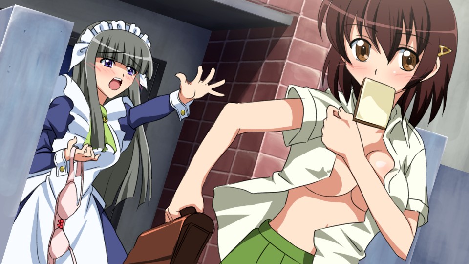 sanshita, fubuki (kamen no maid guy), fujiwara naeka, kamen no maid guy, 00s, 2girls, blush, bra, bread, bread slice, dressing, food, food in mouth, holding, holding bra, holding underwear, holding unworn clothes, lingerie, maid, mouth hold, multiple girls, no bra, open clothes, open shirt, outstretched arm, outstretched hand, reaching, school uniform, serafuku, shirt, toast, toast in mouth, underwear