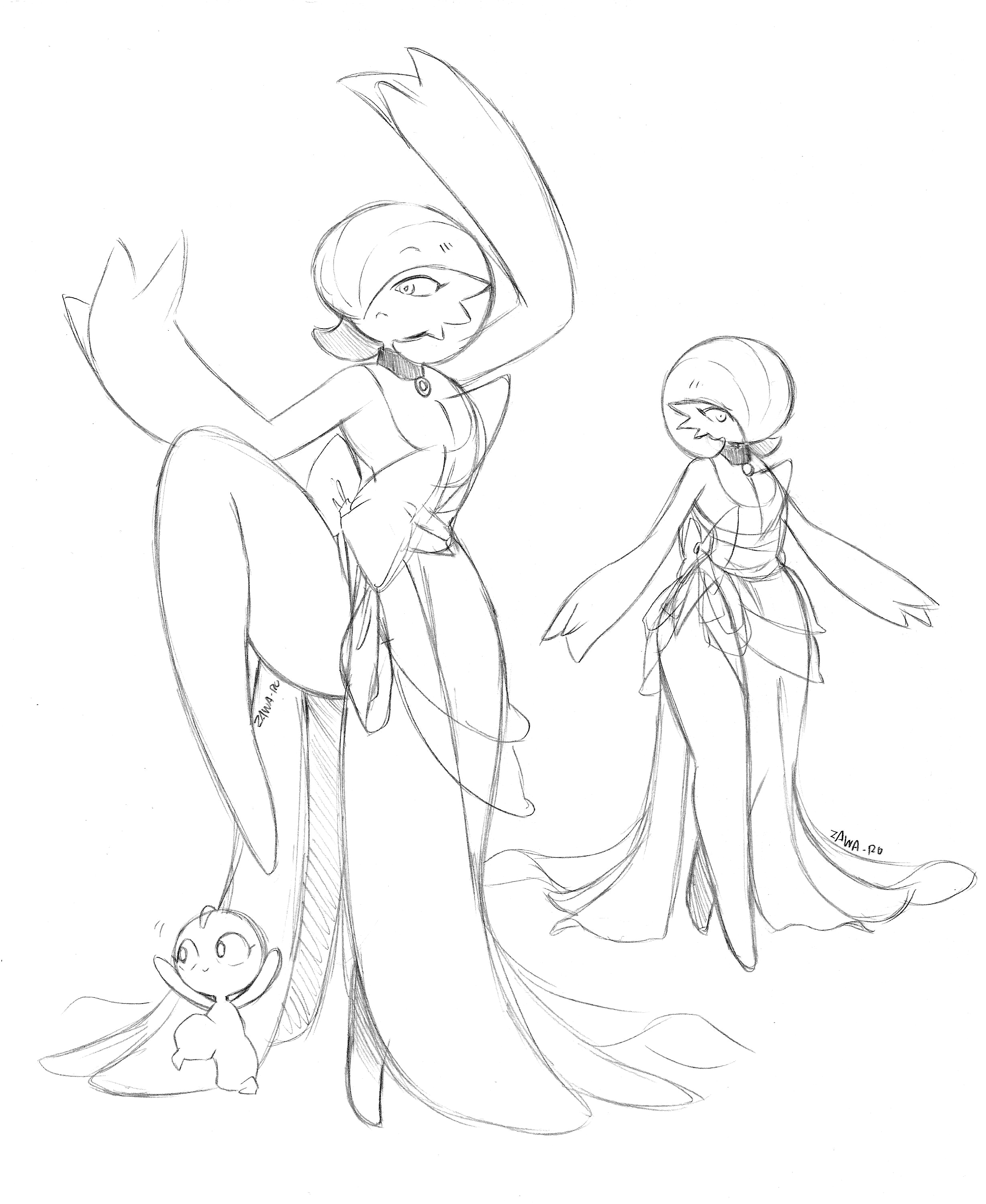 superiordutchsauce, gardevoir, ralts, nintendo, pokemon, absurdres, highres, artist name, black choker, bob cut, bow, choker, dress, dress bow, gen 3 pokemon, hair over one eye, plump, pokemon (creature), side slit, signature, simple background, sketch, standing, standing on one leg, white background
