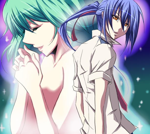 kujou ichiso, ranka lee, saotome alto, macross, macross frontier, light, bad id, bad pixiv id, 00s, 1boy, 1girl, blue hair, closed eyes, collarbone, dress shirt, looking at viewer, necktie, nude, own hands together, ponytail, red necktie, school uniform, shirt, short sleeves, star (symbol), upper body, white shirt