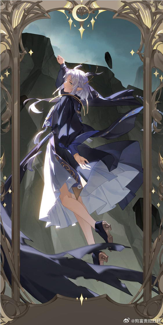 gou fu gui wang wang wang, dangling, chinese commentary, 1girl, arm at side, black coat, black shoes, blue eyes, border, branch, branch in hair, cliff, closed mouth, coat, dragon girl, dragon horns, dress, frown, full body, gem, high heels, horns, long sleeves, looking to the side, medium dress, ornate border, parted bangs, pearl (gemstone), project soul, puffy long sleeves, puffy sleeves, rubble, shoes, short hair with long locks, solo, tassel, watermark, weibo watermark, white dress, white hair, wide sleeves