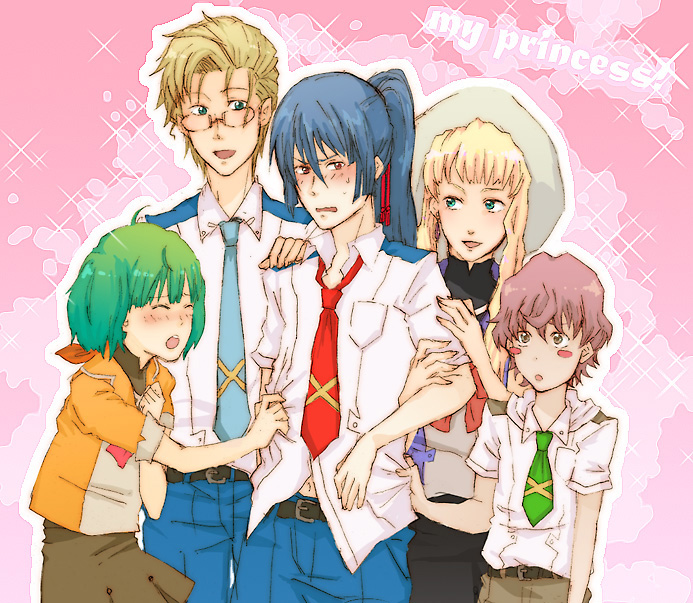 miso soup (artist), luca angeloni, mikhail buran, ranka lee, saotome alto, sheryl nome, macross, macross frontier, ^o^, bad id, bad pixiv id, 00s, 2girls, 3boys, ^ ^, belt, blonde hair, blue necktie, buckle, closed eyes, collared shirt, cowboy shot, green hair, green necktie, hat, long sleeves, looking at viewer, multiple boys, multiple girls, necktie, red necktie, shirt, short hair, sun hat, sweater, white shirt