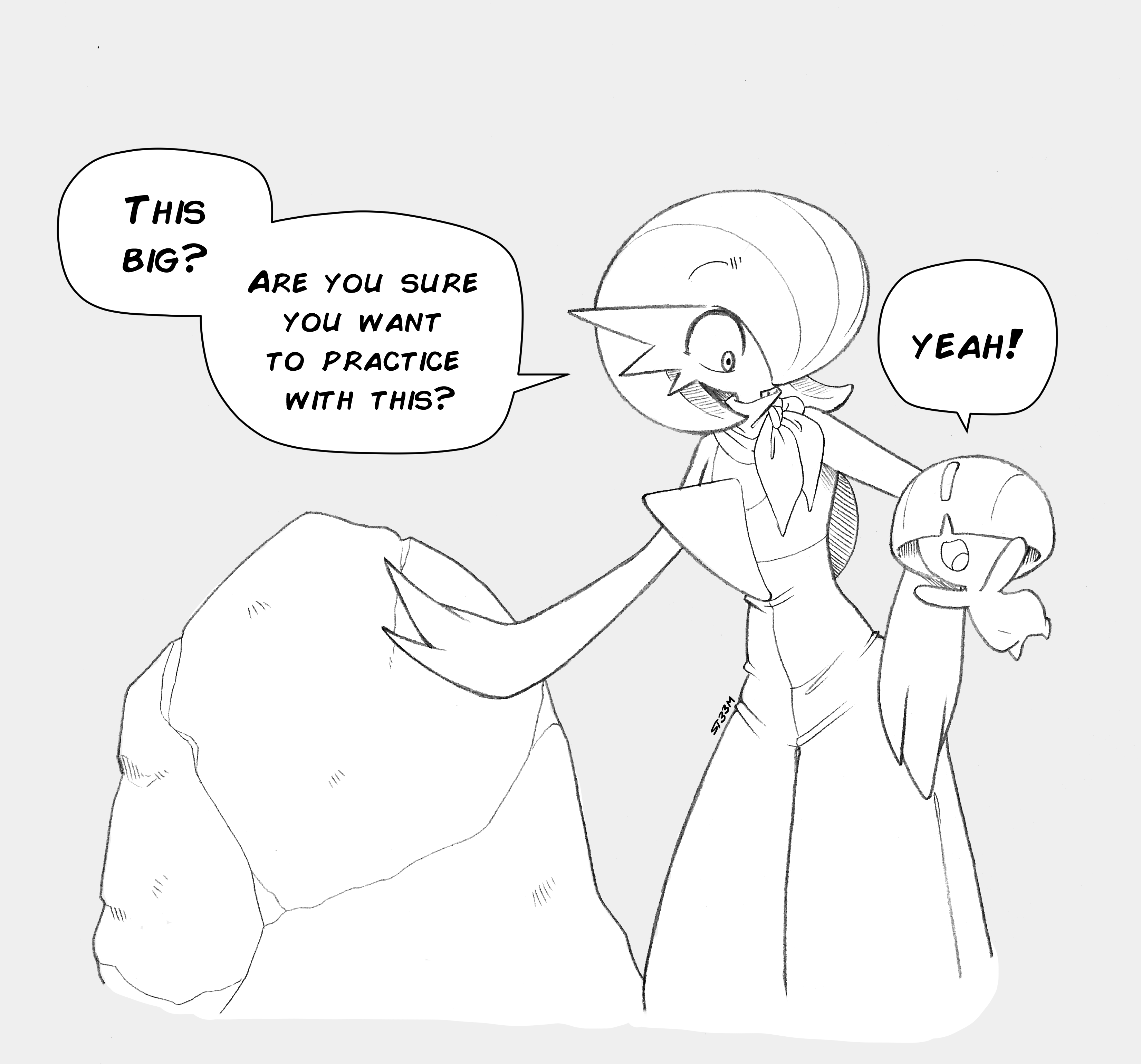 superiordutchsauce, gardevoir, ralts, nintendo, pokemon, absurdres, highres, artist name, bob cut, bowl cut, dress, floating, gen 3 pokemon, grey background, hair over eyes, hair over one eye, open mouth, pokemon (creature), rock, signature, simple background