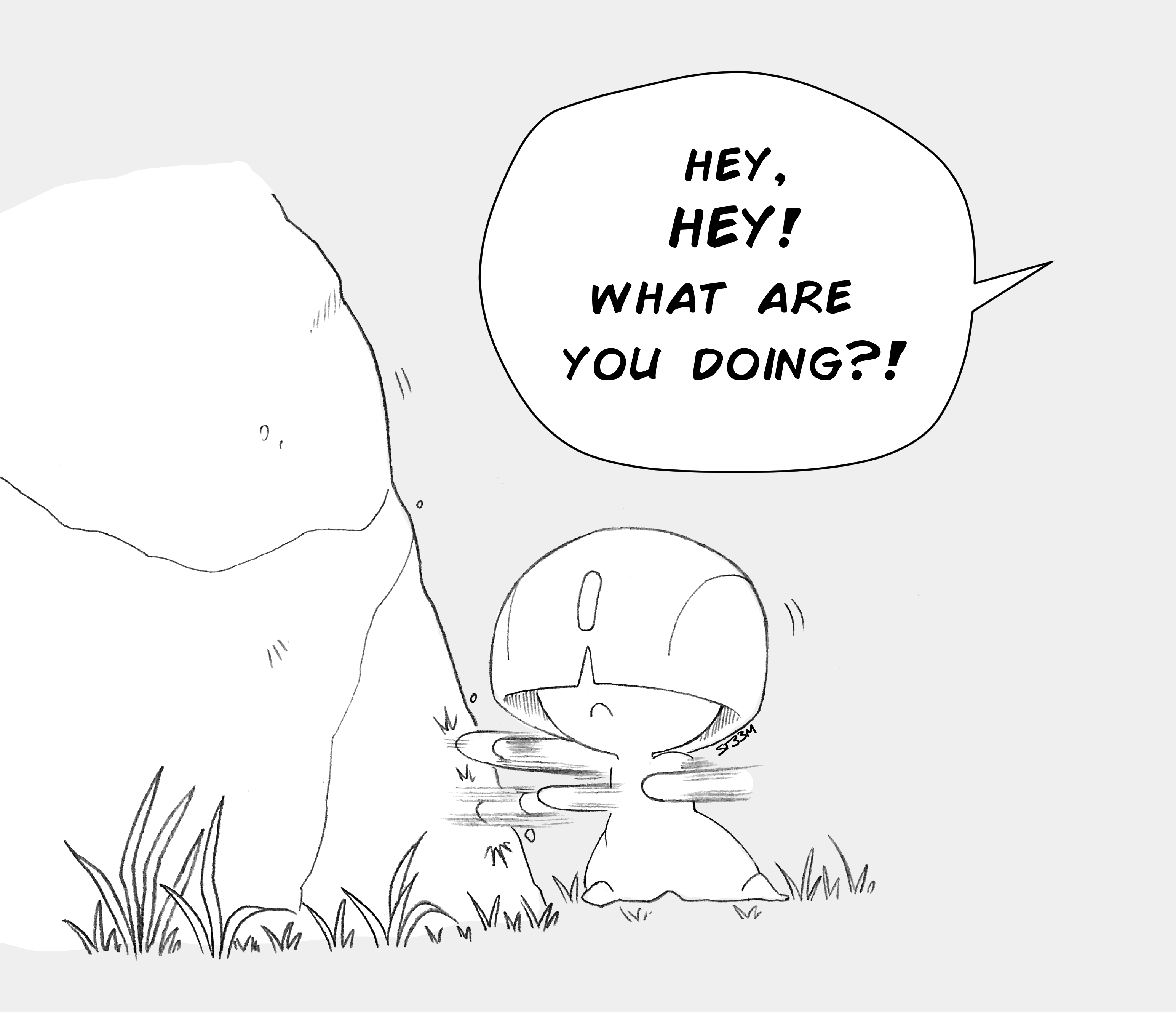 superiordutchsauce, ralts, nintendo, pokemon, absurdres, highres, artist name, bowl cut, gen 3 pokemon, grass, grey background, hair over eyes, pokemon (creature), punching, rock, signature, simple background, speech bubble