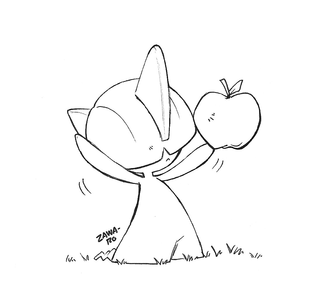 superiordutchsauce, ralts, nintendo, pokemon, apple, artist name, bowl cut, food, fruit, gen 3 pokemon, grass, hair over eyes, horns, on grass, outstretched arms, pokemon (creature), signature, telekinesis