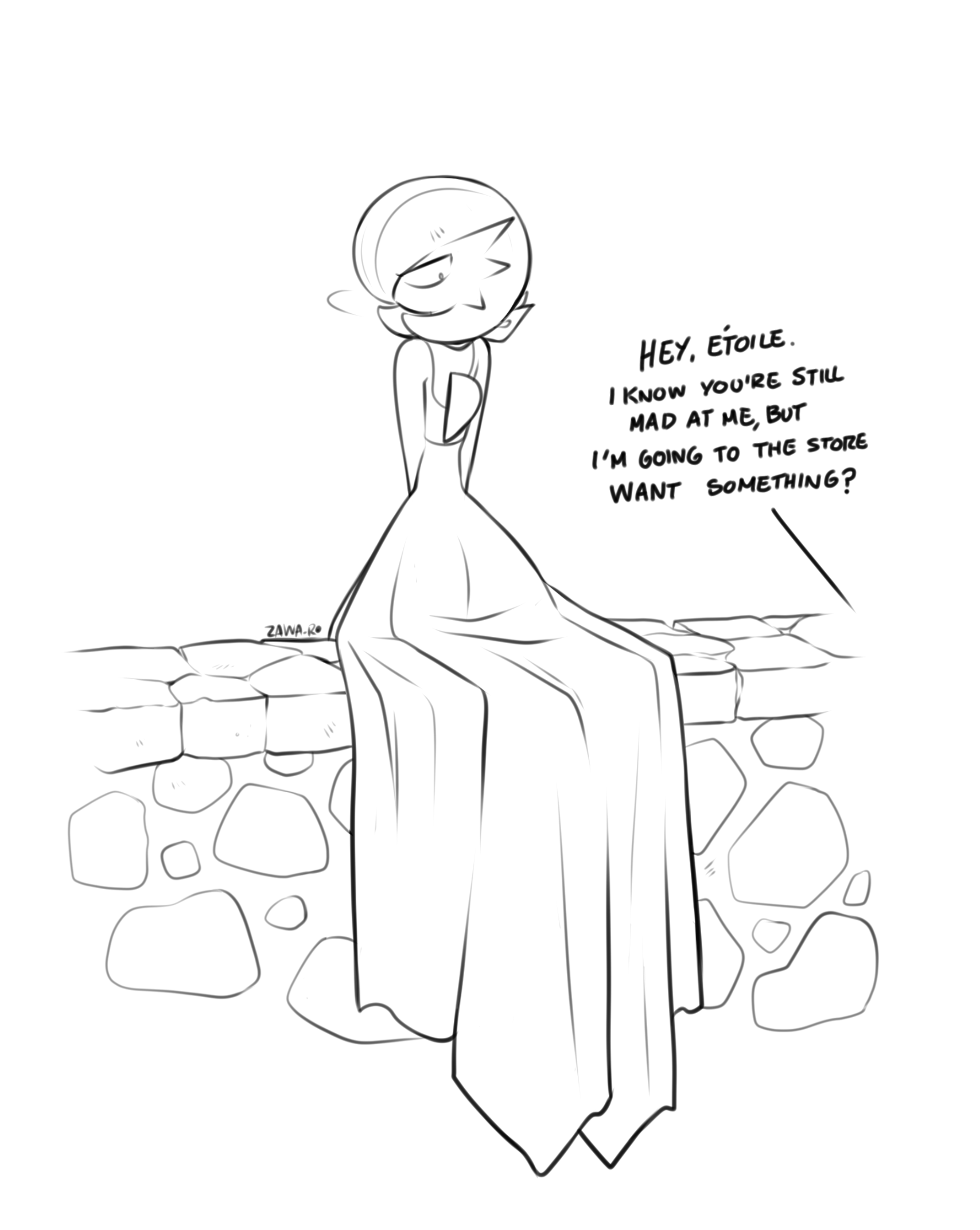 superiordutchsauce, gardevoir, nintendo, pokemon, highres, 1girl, artist name, bob cut, dress, gen 3 pokemon, looking back, pokemon (creature), scarf, signature, simple background, sitting, sitting on wall, white background, white dress