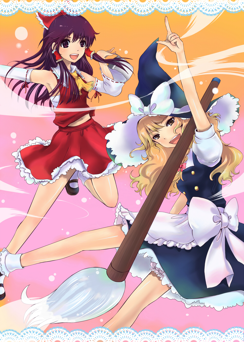masaki (celesta), hakurei reimu, kirisame marisa, touhou, bad id, bad pixiv id, highres, 2girls, :d, apron, blonde hair, bobby socks, broom, broom riding, brown eyes, brown hair, detached sleeves, female focus, frills, hat, long sleeves, looking at viewer, mary janes, multiple girls, open mouth, puffy short sleeves, puffy sleeves, red skirt, ribbon-trimmed sleeves, ribbon trim, shoes, short sleeves, skirt, smile, socks, vest, waist apron, witch hat