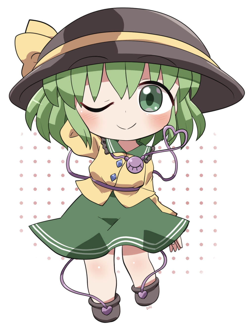 rokugou daisuke, komeiji koishi, touhou, commentary request, highres, 1girl, ;), black hat, black shoes, blush, buttons, chibi, chibi only, closed mouth, collared shirt, contrast collar, diamond button, frilled shirt collar, frills, full body, green eyes, green hair, green skirt, hat, hat ribbon, heart, heart of string, long sleeves, looking at viewer, one eye closed, ribbon, shirt, shoes, short hair, signature, simple background, skirt, smile, solo, standing, third eye, white background, yellow ribbon, yellow shirt