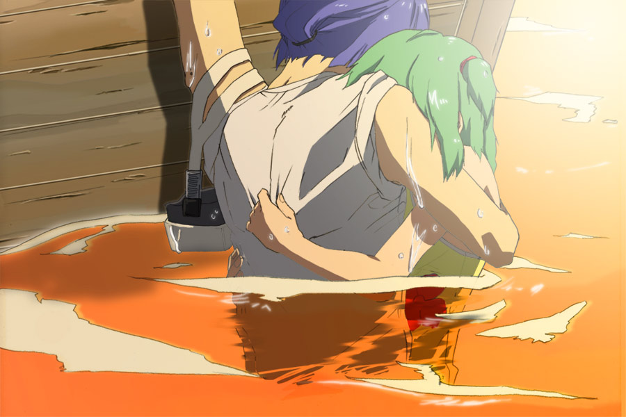 mo ko, ranka lee, saotome alto, macross, macross frontier, bad id, bad pixiv id, 00s, 1boy, 1girl, boat, long hair, outdoors, short hair, water, watercraft