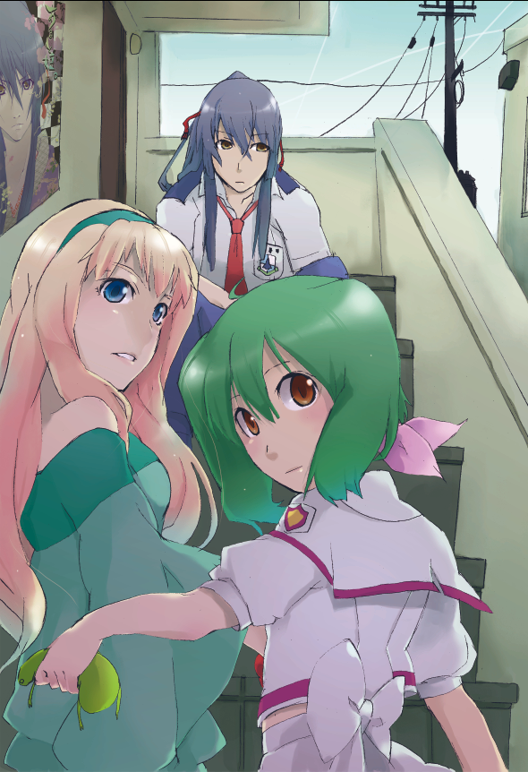 fusion-s, ranka lee, saotome alto, sheryl nome, macross, macross frontier, looking away, 00s, 1boy, 2girls, ahoge, averting eyes, back, badge, bare shoulders, blonde hair, blue eyes, blue hair, building, capelet, closed mouth, contrail, d:, day, door, frown, fuyus, green hair, long hair, looking at viewer, looking back, looking to the side, multiple girls, necktie, open mouth, outdoors, outstretched arm, pants, pink ribbon, ponytail, poster (object), power lines, red eyes, red necktie, red ribbon, ribbon, school uniform, shirt, short hair, short sleeves, sidelocks, sitting, sky, stairs, utility pole, white shirt, wide sleeves, yellow eyes