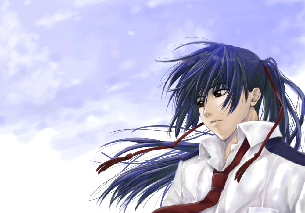 nesta, saotome alto, macross, macross frontier, 00s, 1boy, blue hair, cloud, long hair, male focus, necktie, outdoors, ponytail, school uniform, serafuku, shirt, sky, solo, wind