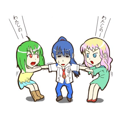 furuhiro, ranka lee, saotome alto, sheryl nome, macross, macross frontier, bad id, bad pixiv id, lowres, 00s, 1boy, 2girls, full body, human tug of war, multiple girls, school uniform, simple background, tug of war