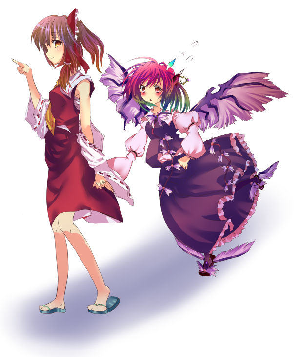 mukai nao, hakurei reimu, mystia lorelei, touhou, bad id, bad pixiv id, 2girls, female focus, japanese clothes, miko, multiple girls, no headwear, ribbon, sarashi, short hair, wings