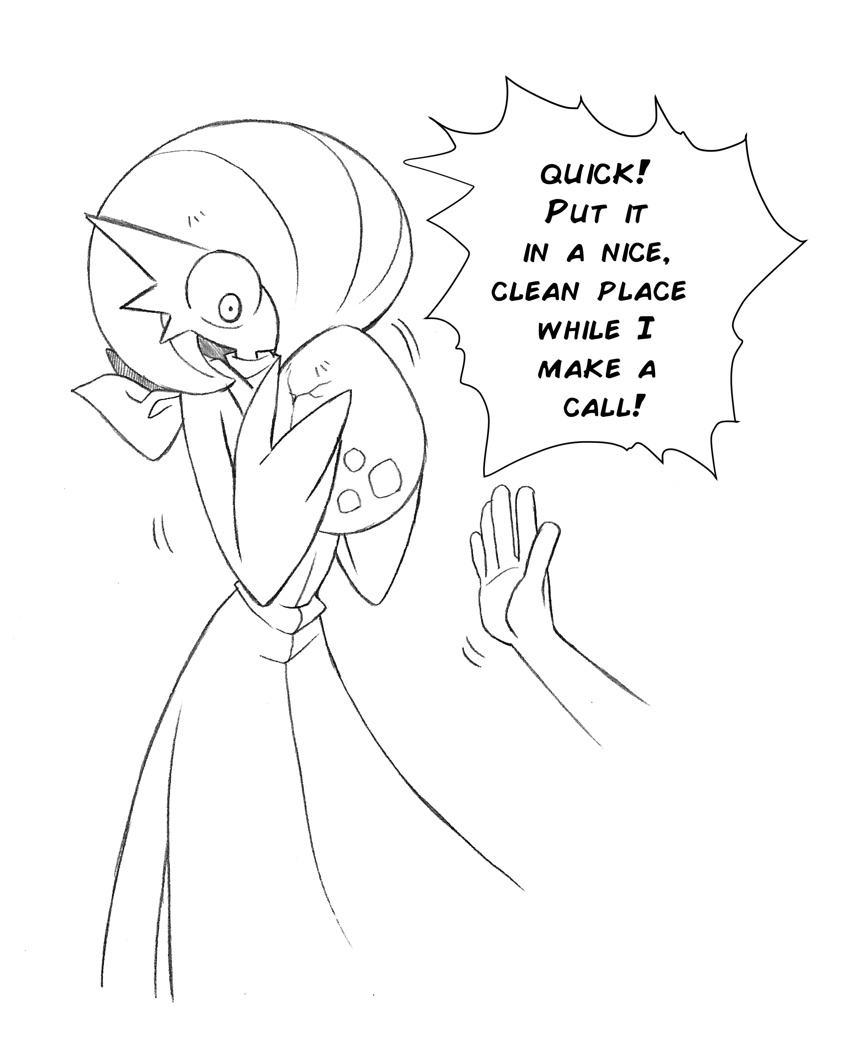 superiordutchsauce, gardevoir, nintendo, pokemon, absurdres, highres, bob cut, disembodied hand, dress, egg, gen 3 pokemon, hair over one eye, holding, holding egg, pokemon (creature), pokemon egg, scarf, simple background, speech bubble, white background, white dress