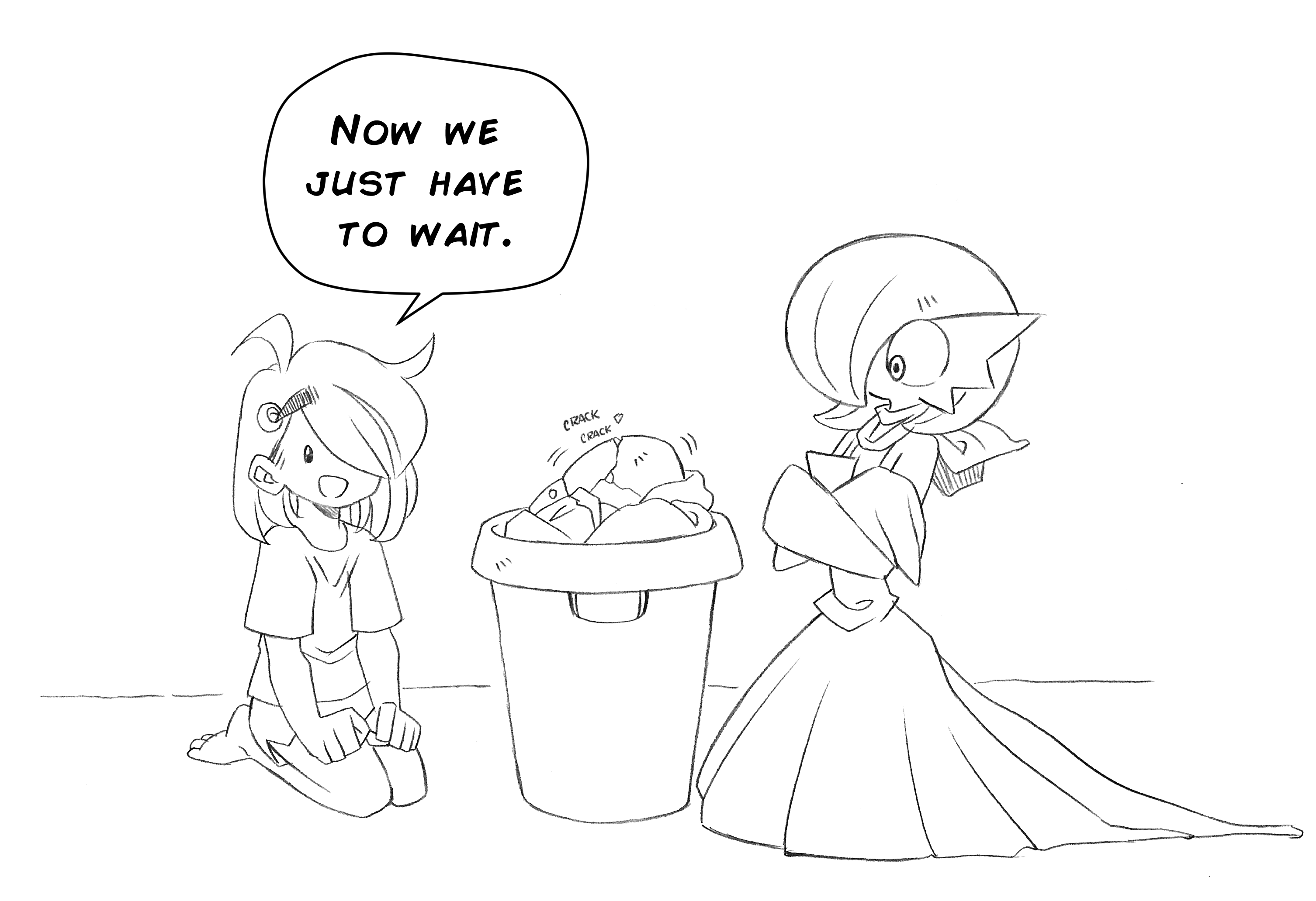 superiordutchsauce, gardevoir, nintendo, pokemon, highres, 1boy, 1girl, bob cut, crossed arms, dress, egg, gen 3 pokemon, pokemon (creature), pokemon egg, scarf, shirt, simple background, speech bubble, white background, white dress