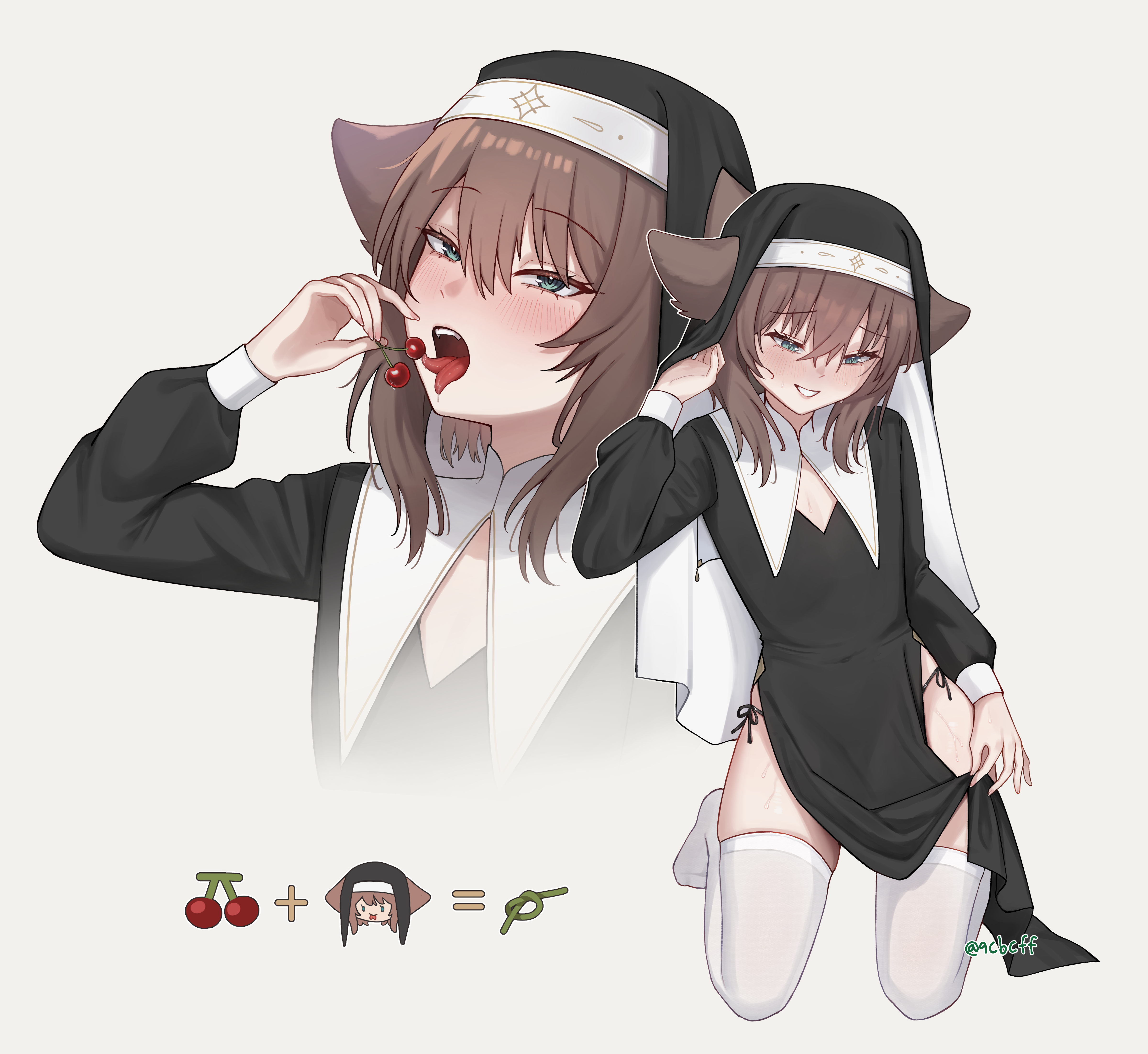 rat squeak, original, absurdres, commentary, english commentary, highres, 1boy, animal ears, black veil, bluesky username, brown hair, cat boy, cat ears, cherry, clothes lift, crossdressing, crossdressing (mtf), equal sign, equation, food, fruit, green eyes, grey background, licking fruit, lipstick, long sleeves, makeup, male focus, medium hair, nun, panties, pink lips, plus sign, puffy sleeves, saliva, simple background, sitting, smile, solo, string panties, sweat, teeth, thighhighs, tongue, tongue out, trap, twitter username, underwear, veil, white thighhighs