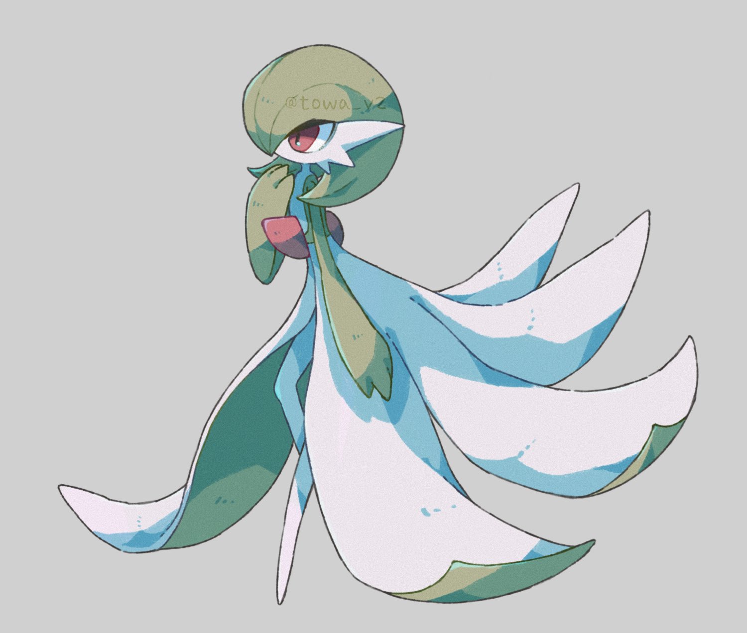 towa (clonea), gardevoir, nintendo, pokemon, highres, artist name, bob cut, colored skin, dress, from side, gen 3 pokemon, green hair, green skin, grey background, multicolored skin, pink eyes, pokemon (creature), simple background, two-tone skin, white dress, white skin