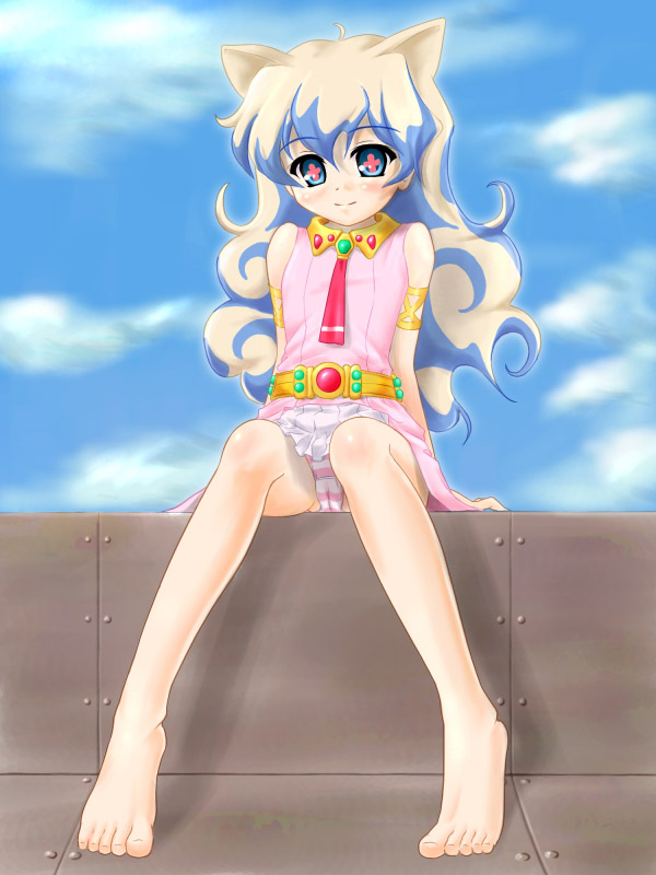 katsuragi niya, nia teppelin, tengen toppa gurren lagann, 00s, 1girl, animal ears, barefoot, cameltoe, cat ears, feet, female focus, kemonomimi mode, panties, sitting, solo, striped clothes, striped panties, toes, underwear