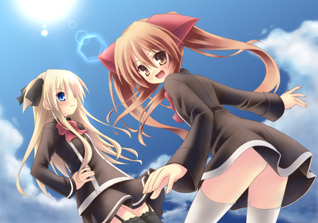 ryo (botugo), aloe, aloe (quiz magic academy), shalon, quiz magic academy, 2girls, cloud, day, garter belt, lingerie, loli, multiple girls, no panties, school uniform, serafuku, sky, thighhighs, underwear
