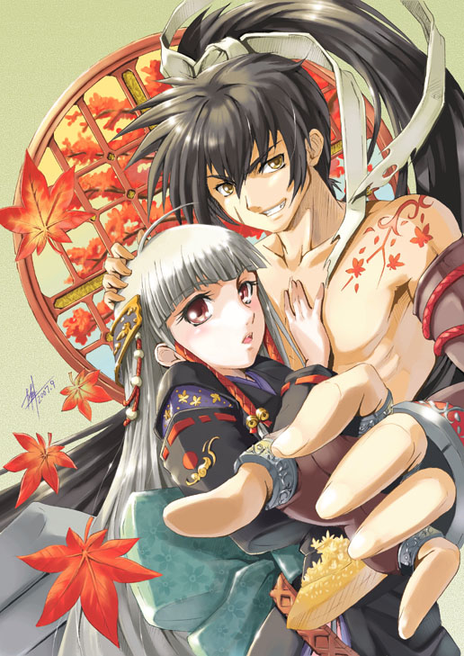 yuu (yuyukaikan), silver hair, 1boy, 1girl, :o, black hair, blunt bangs, brown eyes, clenched teeth, collarbone, dress, fighting stance, green dress, long hair, long sleeves, looking at viewer, muscular, open mouth, parted lips, ponytail, red eyes, smile, teeth, topless female, topless male, upper body, very long hair