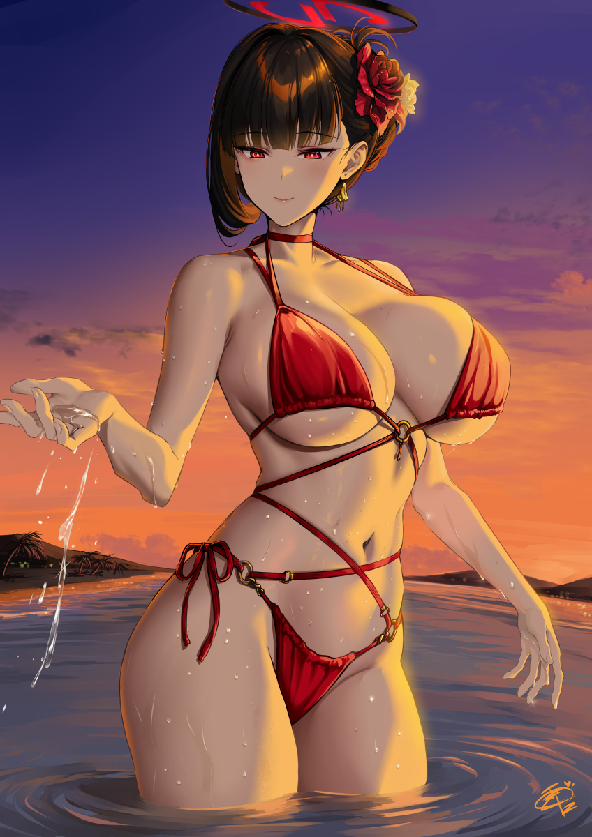 okitakung, rio (blue archive), blue archive, commentary, highres, symbol-only commentary, 1girl, alternate costume, alternate hairstyle, bikini, black hair, black halo, breasts, bright pupils, dusk, earrings, floating earrings, flower, gradient sky, hair bun, hair flower, hair ornament, halo, jewelry, large breasts, multicolored halo, navel, o-ring, o-ring bikini, ocean, orange sky, outdoors, red bikini, red eyes, red flower, short hair, signature, sky, smile, solo, swimsuit, two-tone halo, wading, wet, white pupils