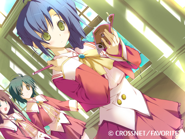 kokonoka, nishinomiya shizuru, happy margaret, happy margaret!, game cg, photoshop (medium), 3girls, blue hair, book, brown eyes, brown hair, dutch angle, green hair, holding, holding book, indoors, long sleeves, looking at viewer, multiple girls, pleated skirt, red skirt, sailor collar, school uniform, serafuku, short hair, skirt, sleeve cuffs, solo focus, watermark, yellow eyes