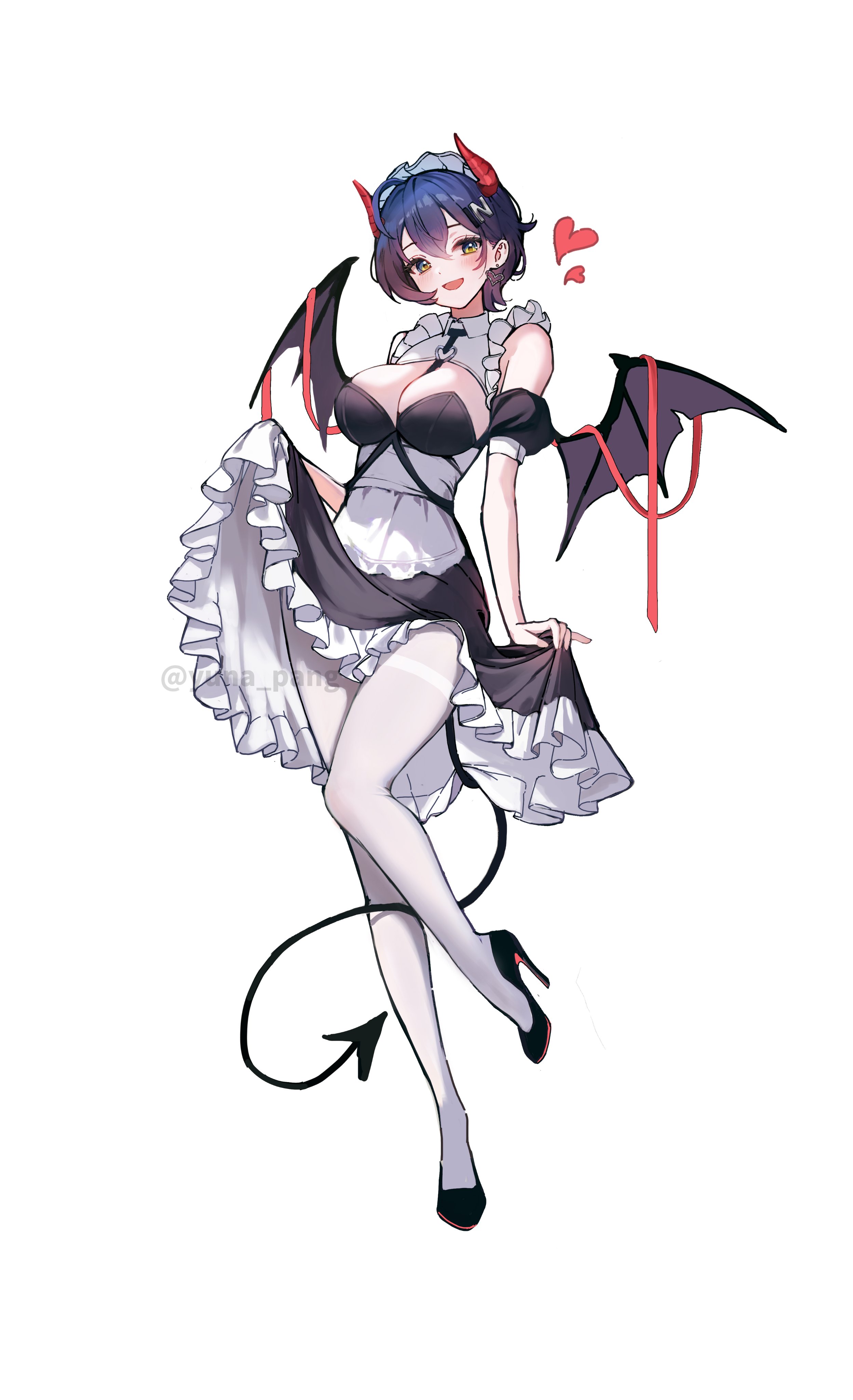 yuna (deadawon), belle (zenless zone zero), zenless zone zero, absurdres, highres, 1girl, alternate breast size (larger), alternate costume, apron, black dress, black shoes, blue hair, breasts, demon tail, demon wings, dress, enmaided, full body, green eyes, hair between eyes, hair ornament, high heels, large breasts, letter hair ornament, maid, open mouth, pantyhose, shoes, short hair, simple background, smile, solo, standing, standing on one leg, tail, white apron, white background, white pantyhose, wings