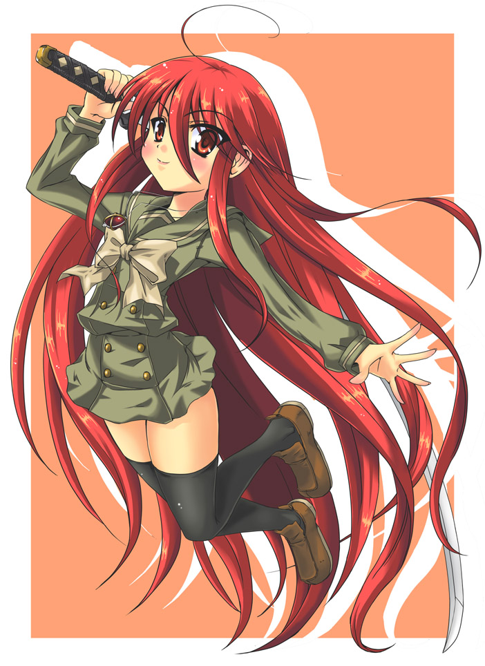maskman, nikyu, alastor (shakugan no shana), shana, shakugan no shana, 00s, 1girl, female focus, jewelry, jumping, pendant, red eyes, red hair, school uniform, serafuku, solo, sword, thighhighs, weapon
