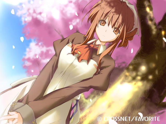 kokonoka, sakura mao, sakura maou, happy margaret, happy margaret!, game cg, 1girl, brown eyes, brown hair, cherry blossoms, female focus, maid, solo, watermark